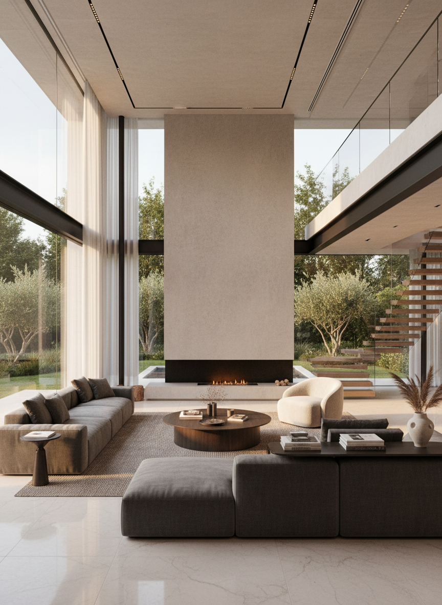A stunning modern house interior, spacious open-plan living room with designer furniture, floor-to-ceiling windows overlooking a garden, marble floors, warm natural light, high-end architectural details, photorealistic quality