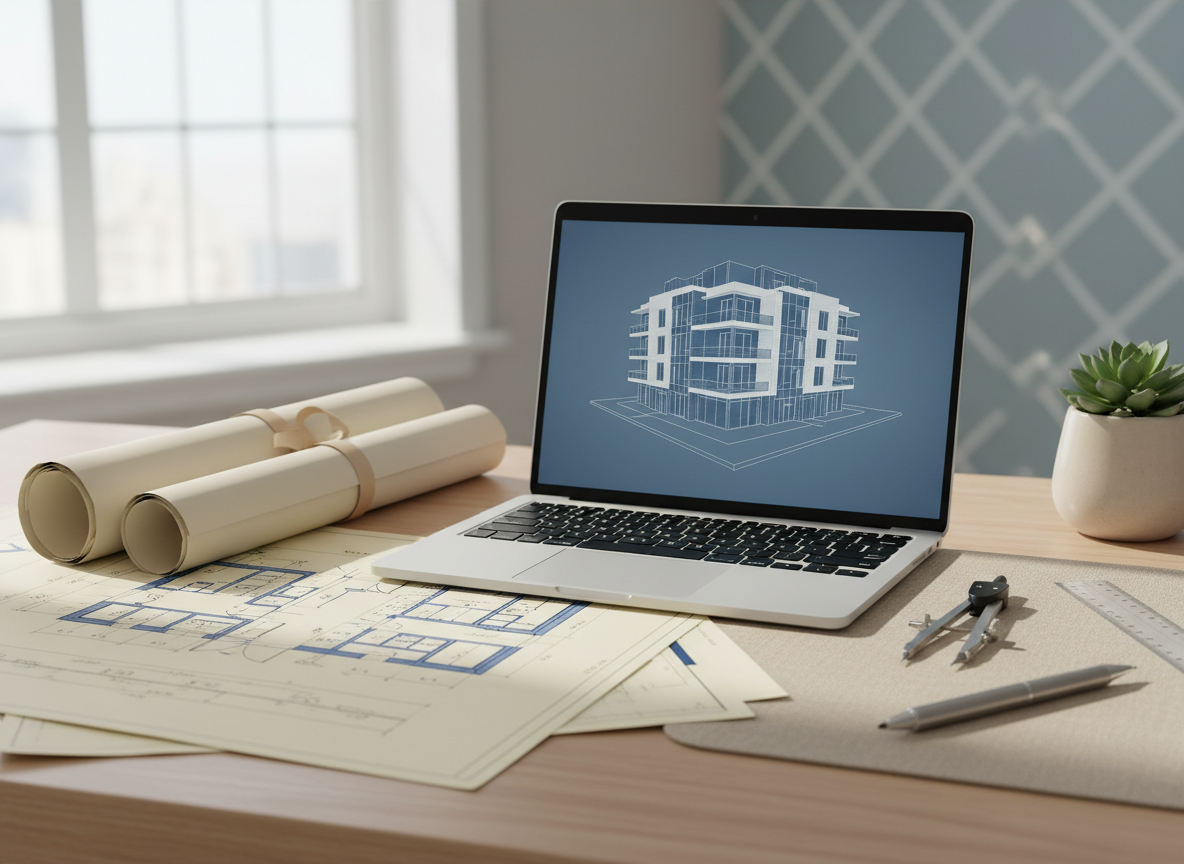 Close-up of a professional surveyor's desk with architectural blueprints, a modern laptop showing a 3D building model, and a precision drafting tool, clean minimal workspace, soft daylight, warm beige and blue tones